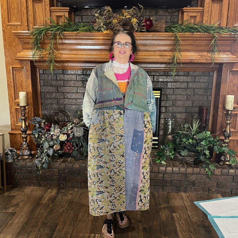 NEW- Jaded Gypsy Boho Kantha Patchwork Long Coat - Multi Color
